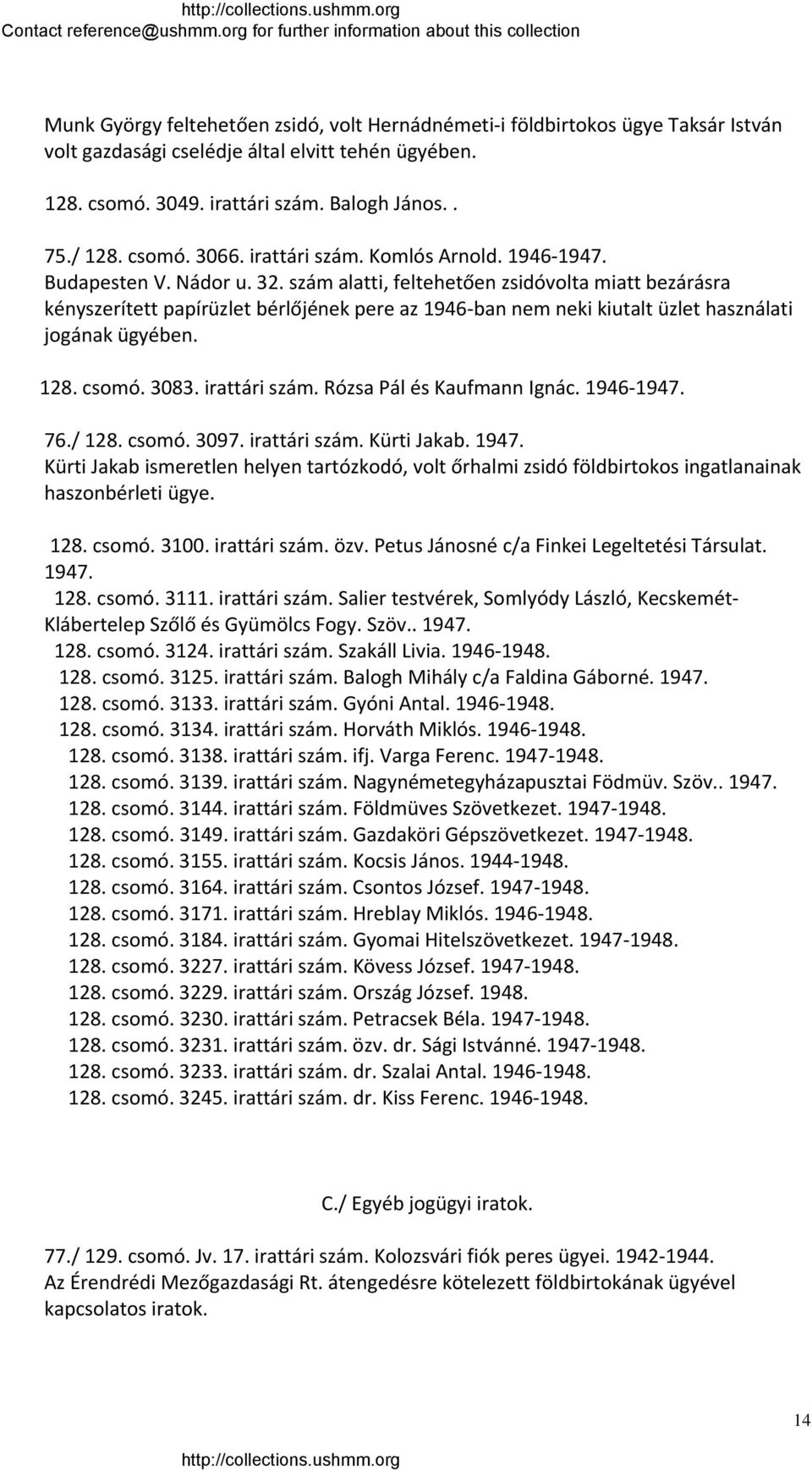 szám alatti, feltehetően zsidóvolta miatt bezárásra kényszerített papírüzlet bérlőjének pere az 1946 ban nem neki kiutalt üzlet használati jogának ügyében. 128. csomó. 3083. irattári szám.