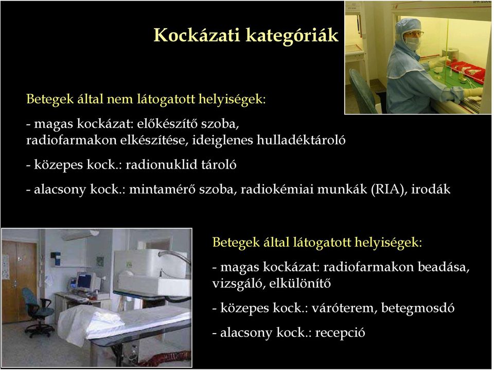 : mintamérő szoba, radiokémiai munkák (RIA), irodák Betegek által látogatott helyiségek: - magas