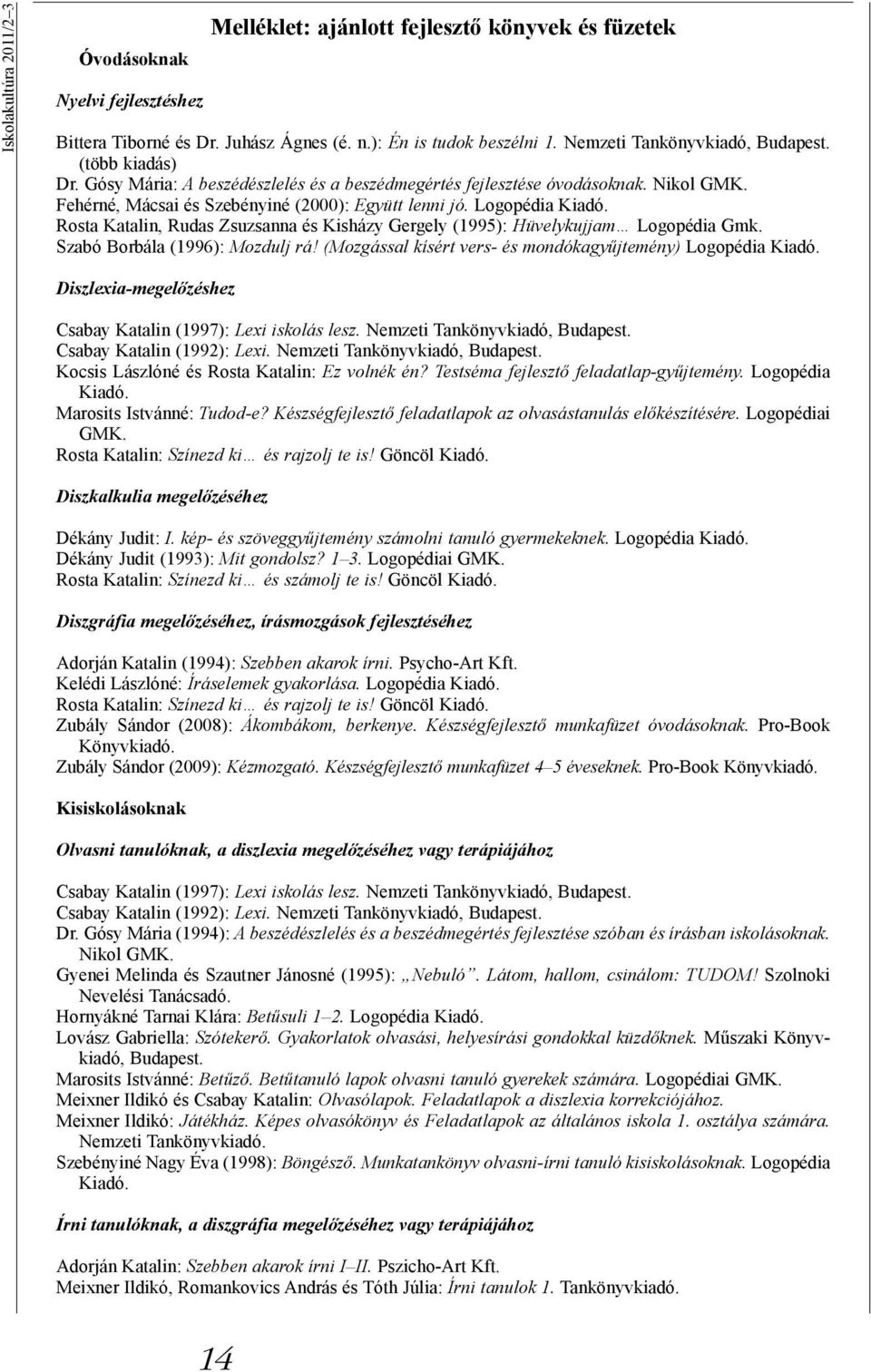 Logopédia Kiadó. Rosta Katalin, Rudas Zsuzsanna és Kisházy Gergely (1995): Hüvelykujjam Logopédia Gmk. Szabó Borbála (1996): Mozdulj rá! (Mozgással kísért vers- és mondókagyűjtemény) Logopédia Kiadó.