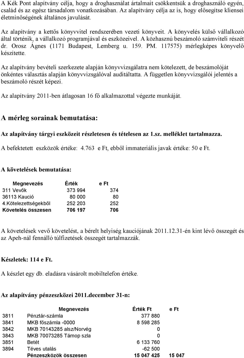 A könyvelés külső vállalkozó által történik, a vállalkozó programjával és eszközeivel. A közhasznú beszámoló számviteli részét dr. Orosz Ágnes (1171 Budapest, Lemberg u. 159. PM.