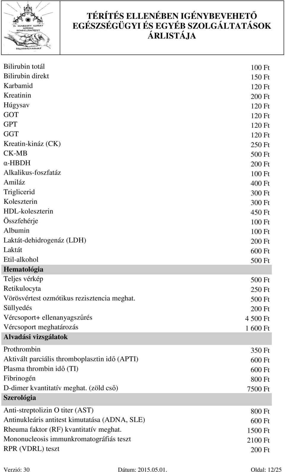 Süllyedés Vércsoport+ ellenanyagszűrés Vércsoport meghatározás Alvadási vizsgálatok Prothrombin Aktivált parciális thromboplasztin idő (APTI) Plasma thrombin idő (TI) Fibrinogén D-dimer kvantitatív