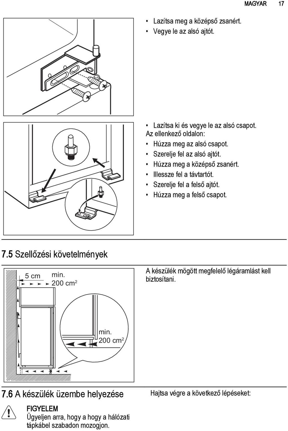 Szerelje fel a felső ajtót. Húzza meg a felső csapot. 7.5 Szellőzési követelmények 5 cm min.