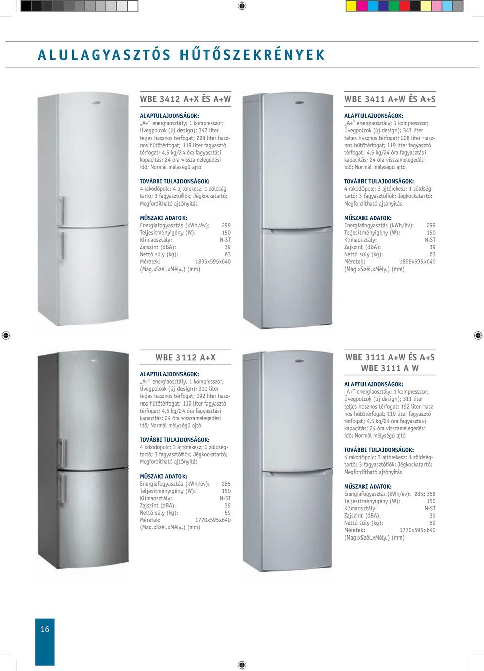 Energiafogyasztás (kwh/év): 299 Teljesítményigény (W): 150 N-ST Zajszint (dba): 39 Nettó súly (kg): 63 1895x595x640 WBE 3411 A+W ÉS A+S A+ energiaosztály; 1 kompresszor; Üvegpolcok (új design); 347