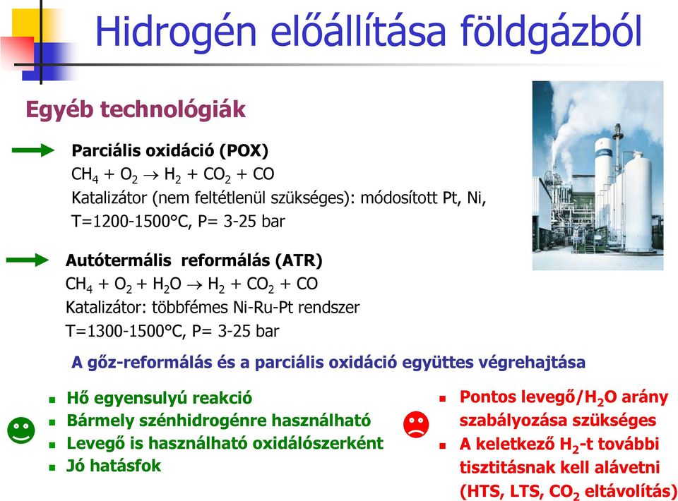 P= 3-25 bar A gőz-reformálás és a parciális oxidáció együttes végrehajtása Hő egyensulyú reakció Bármely szénhidrogénre használható Levegő is használható