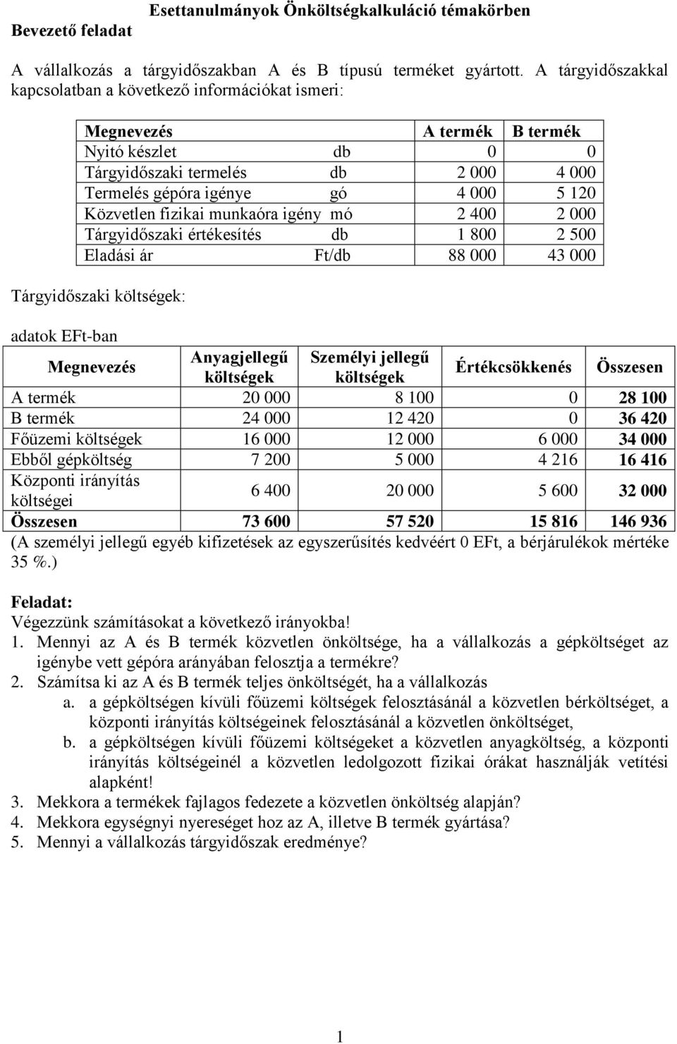 munkaóra igény mó 2 400 2 000 Tárgyidőszaki értékesítés db 1 800 2 500 Eladási ár Ft/db 88 000 43 000 Tárgyidőszaki költségek: adatok EFt-ban Anyagjellegű Személyi jellegű költségek költségek