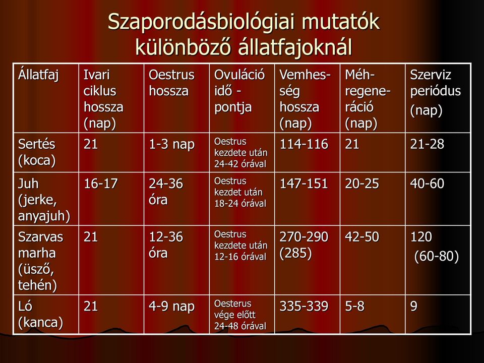 21-28 Juh (jerke, anyajuh) 16-17 24-36 óra Oestrus kezdet után 18-24 órával 147-151 20-25 40-60 Szarvas marha (üsző, tehén) 21 12-36