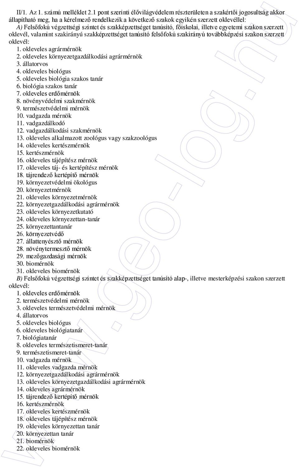 növényvédelmi szakmérnök 9. természetvédelmi mérnök 10. vadgazda mérnök 11. vadgazdálkodó 12. vadgazdálkodási szakmérnök 13. okleveles alkalmazott zoológus vagy szakzoológus 14.