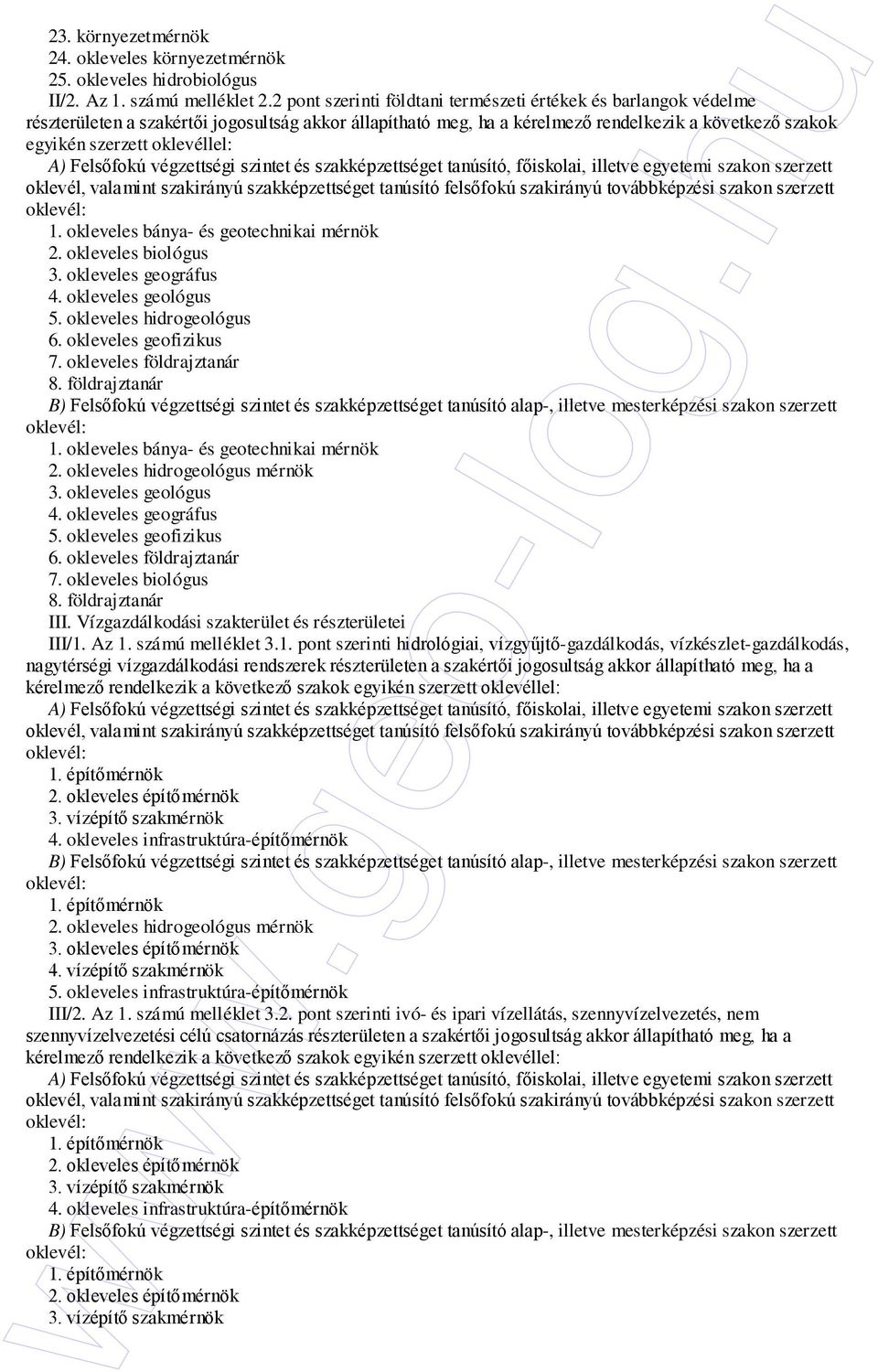 oklevéllel: 1. okleveles bánya- és geotechnikai mérnök 2. okleveles biológus 3. okleveles geográfus 4. okleveles geológus 5. okleveles hidrogeológus 6. okleveles geofizikus 7.