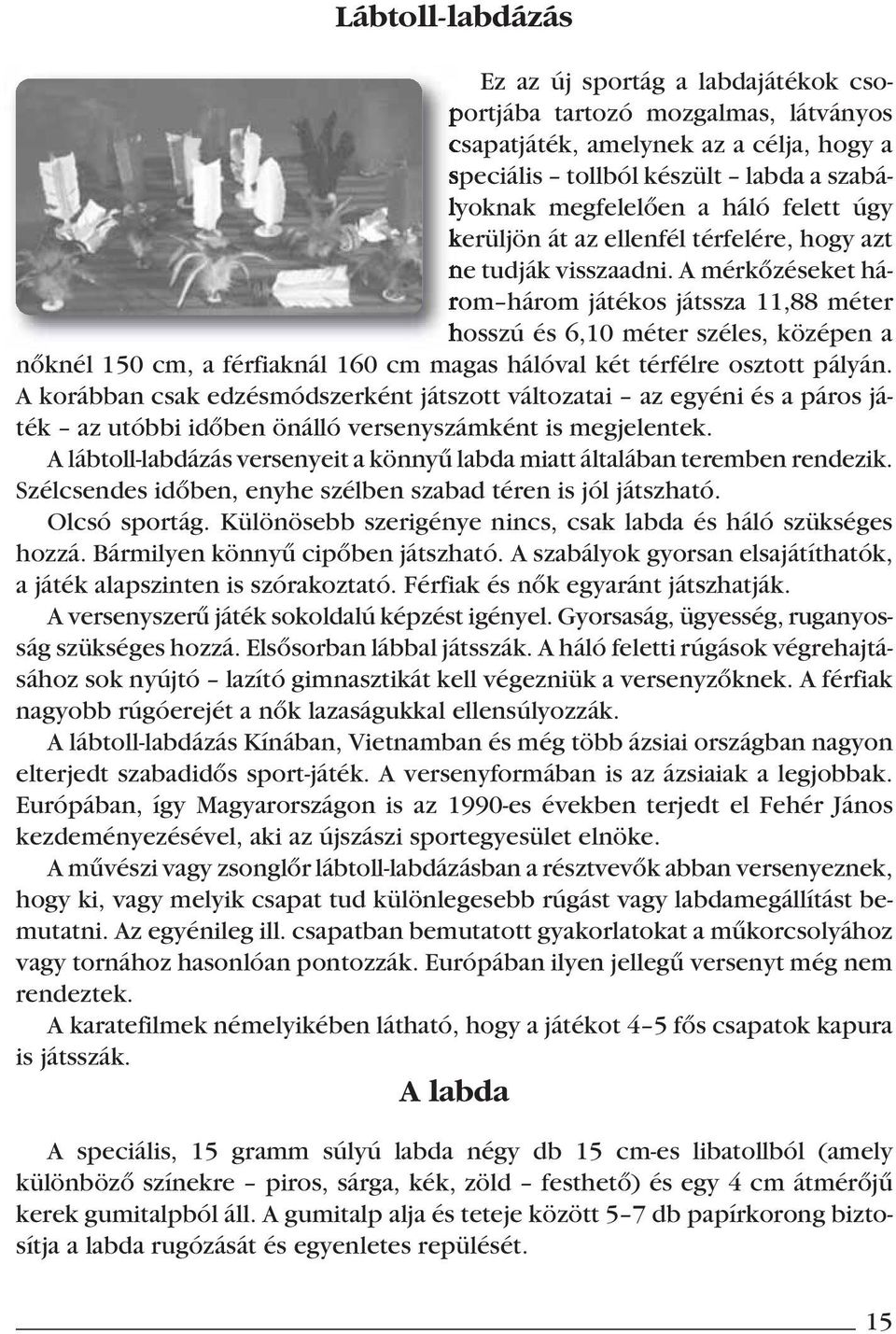 A mérkô zé seket há - rom három játékos játssza 11,88 méter hosszú és 6,10 méter széles, középen a nôk nél 150 cm, a férfiaknál 160 cm magas hálóval két térfélre osztott pályán.