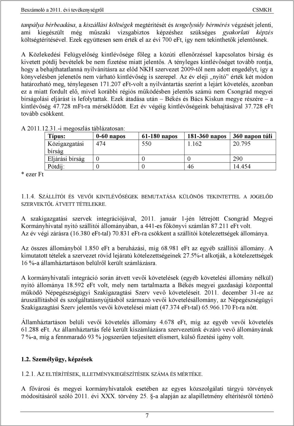 A Közlekedési Felügyelőség kintlévősége főleg a közúti ellenőrzéssel kapcsolatos bírság és kivetett pótdíj bevételek be nem fizetése miatt jelentős.