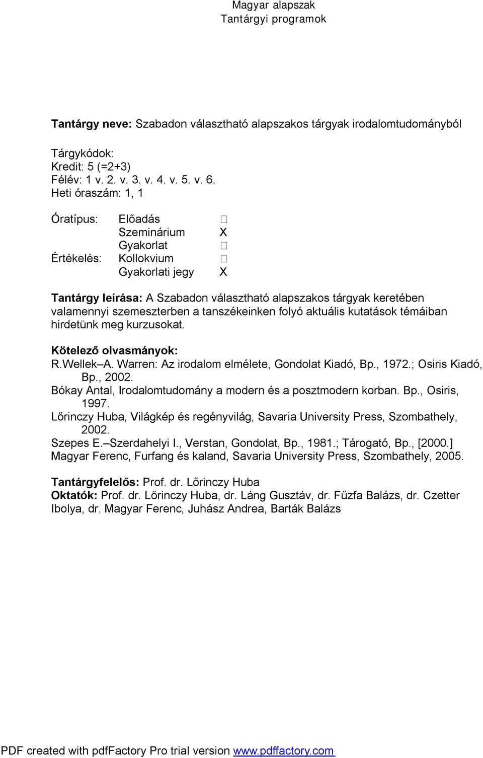 kutatások témáiban hirdetünk meg kurzusokat. R.Wellek A. Warren: Az irodalom elmélete, Gondolat Kiadó, Bp., 1972.; Osiris Kiadó, Bp., 2002.