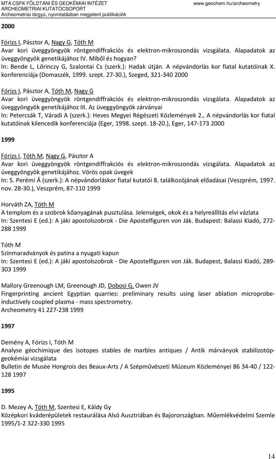 ), Szeged, 321 340 2000 Fórizs I, Pásztor A, Tóth M, Nagy G Avar kori üveggyöngyök röntgendiffrakciós és elektron mikroszondás vizsgálata. Alapadatok az üveggyöngyök genetikájához III.