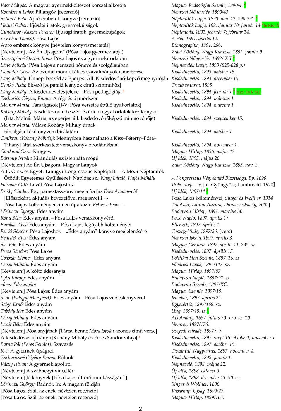 *In Kiss Á Cunctator (Kaszás Ferenc): Ifjúsági iratok, gyermekujságok Néptanoda, 1891. február 7; február 14. x (Kóbor Tamás): Pósa Lajos A Hét, 1891. április 12.