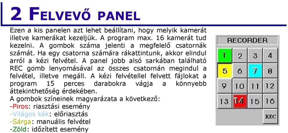 A panel jobb alsó sarkában található REC gomb lenyomásával az összes csatornán megindul a felvétel, illetve megáll.