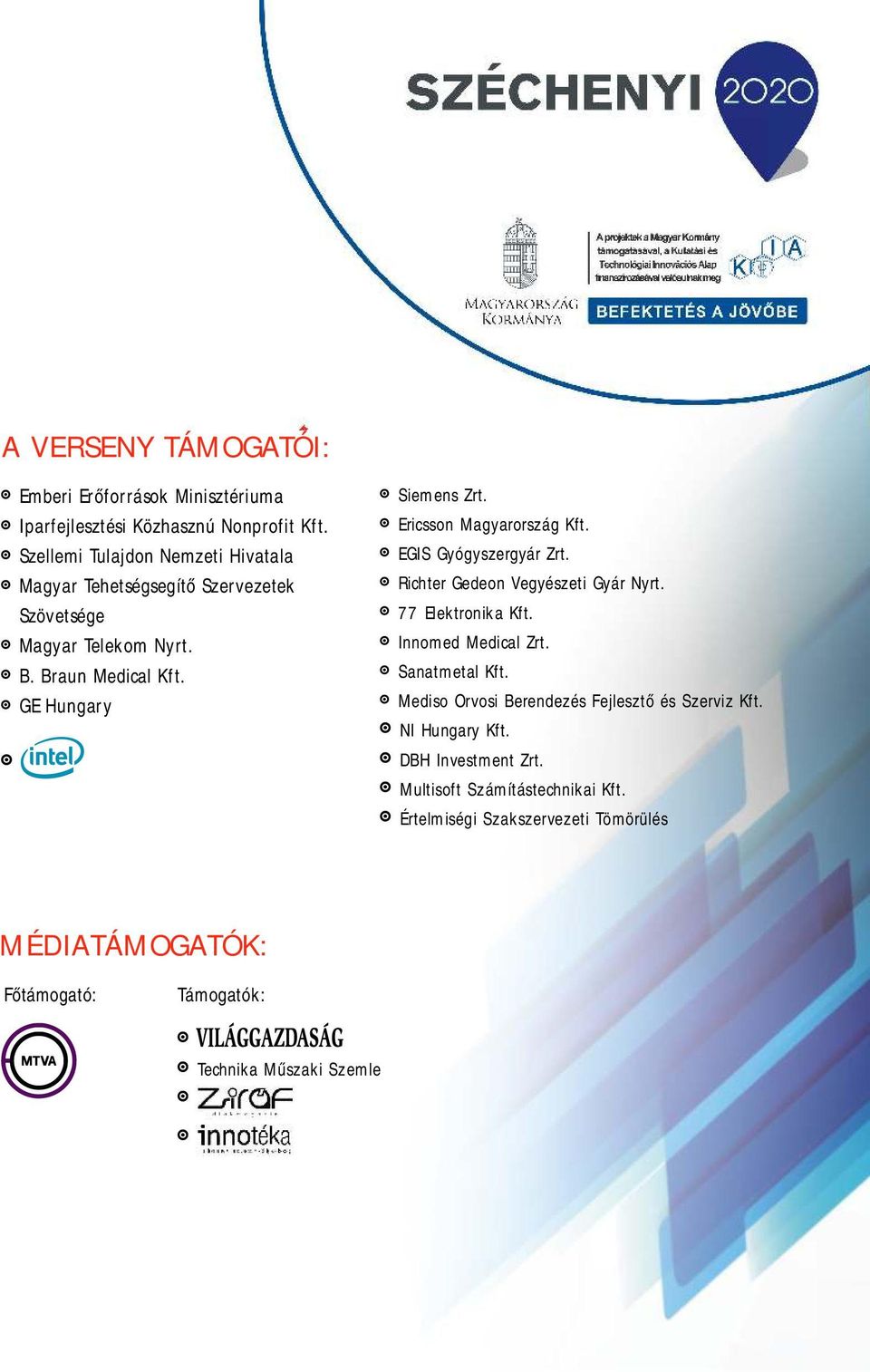 Ericsson Magyarország Kft. EGIS Gyógyszergyár Zrt. Richter Gedeon Vegyészeti Gyár Nyrt. 77 Elektronika Kft. Innomed Medical Zrt. Sanatmetal Kft.