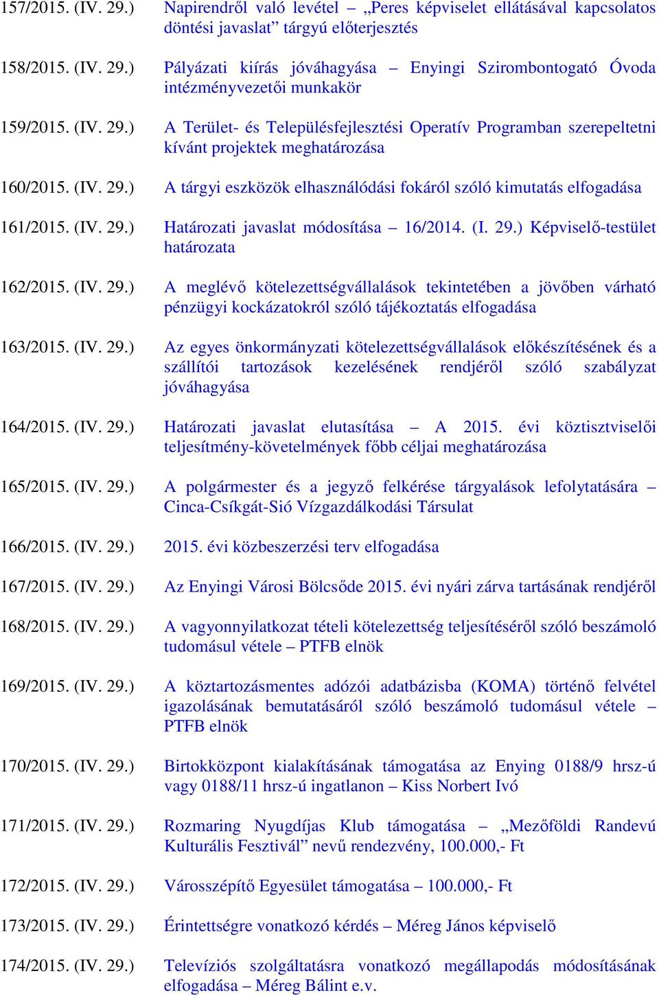 (IV. 29.) Határozati javaslat módosítása 16/2014. (I. 29.) Képviselő-testület határozata 162/2015. (IV. 29.) A meglévő kötelezettségvállalások tekintetében a jövőben várható pénzügyi kockázatokról szóló tájékoztatás elfogadása 163/2015.