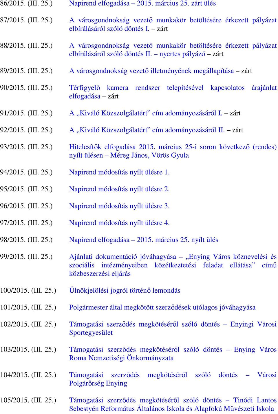 (III. 25.) Térfigyelő kamera rendszer telepítésével kapcsolatos árajánlat elfogadása zárt 91/2015. (III. 25.) A Kiváló Közszolgálatért cím adományozásáról I. zárt 92/2015. (III. 25.) A Kiváló Közszolgálatért cím adományozásáról II.