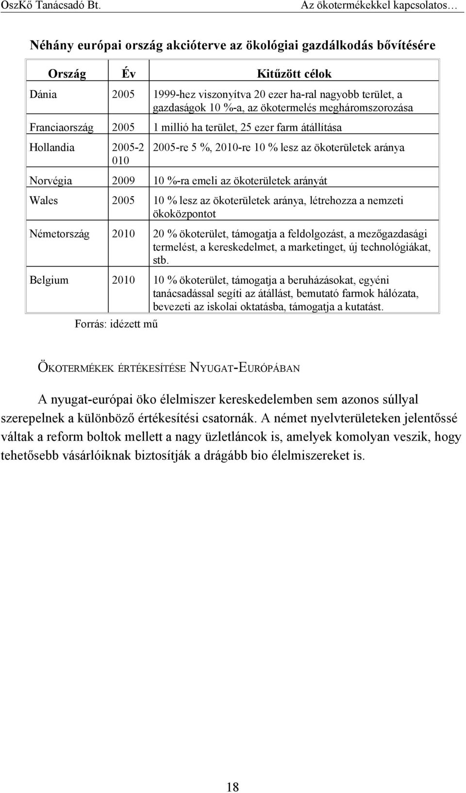 ökoterületek arányát Wales 2005 10 % lesz az ökoterületek aránya, létrehozza a nemzeti ökoközpontot Németország 2010 20 % ökoterület, támogatja a feldolgozást, a mezőgazdasági termelést, a