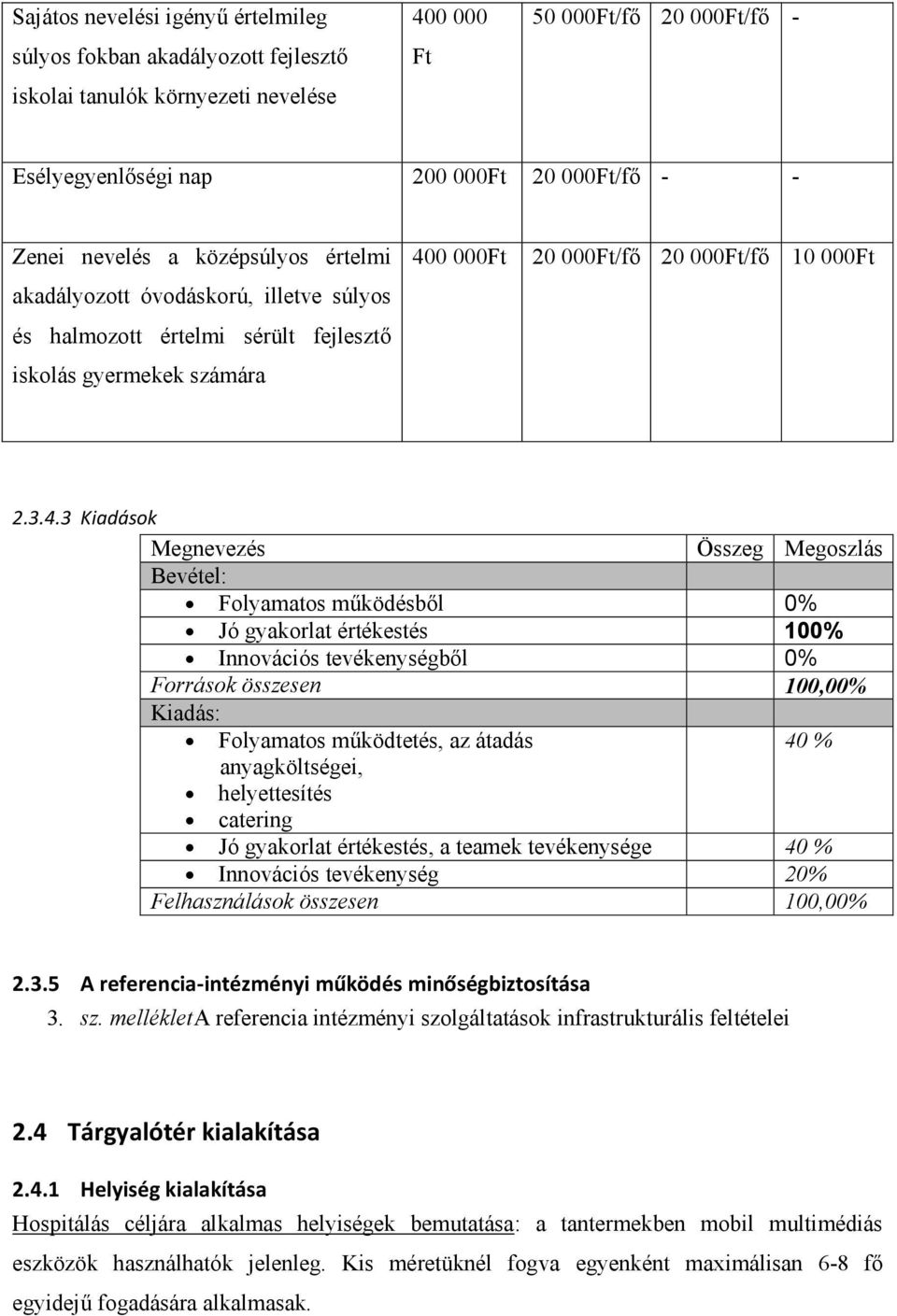0 000Ft 20 000Ft/fő - - 20 000Ft/fő 20 000Ft/fő 10 000Ft akadályozott óvodáskorú, illetve súlyos és halmozott értelmi sérült fejlesztő iskolás gyermekek számára 2.3.4.