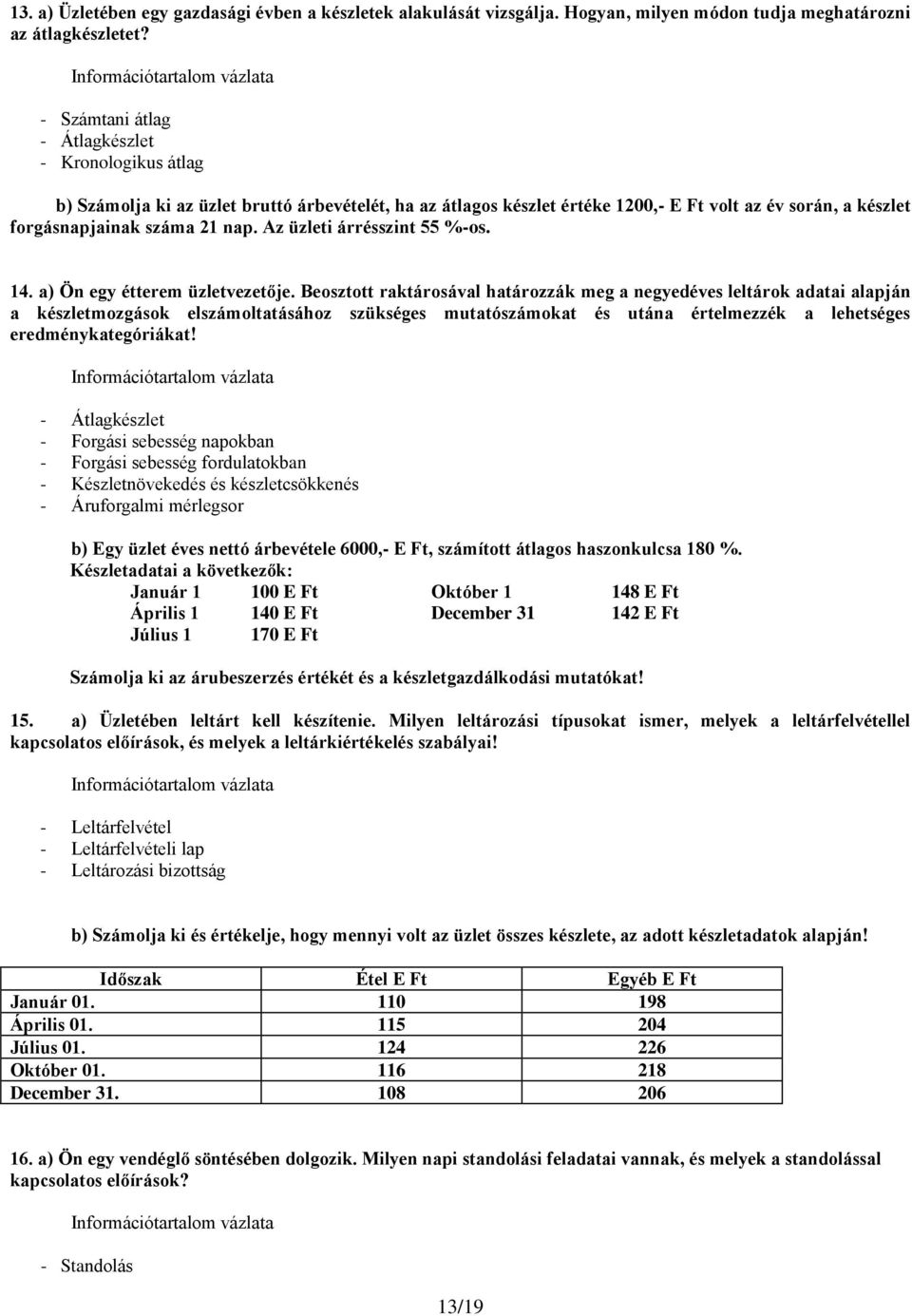 Az üzleti árrésszint 55 %-os. 14. a) Ön egy étterem üzletvezetője.