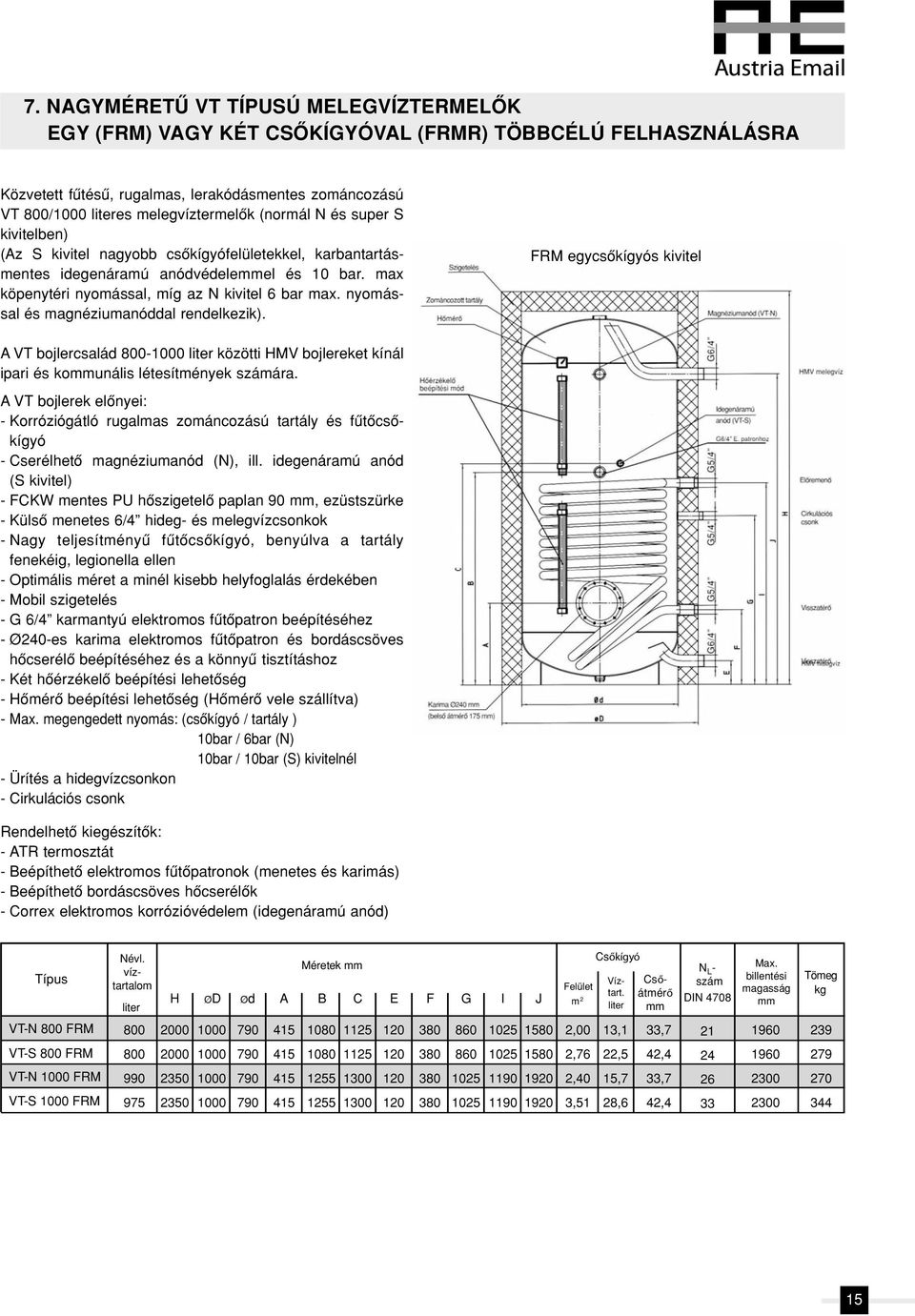 nyomással és magnéziumanóddal rendelkezik). FRM egycsôkígyós kivitel A VT bojlercsalád 8000 liter közötti HMV bojlereket kínál ipari és kounális létesítmények számára.