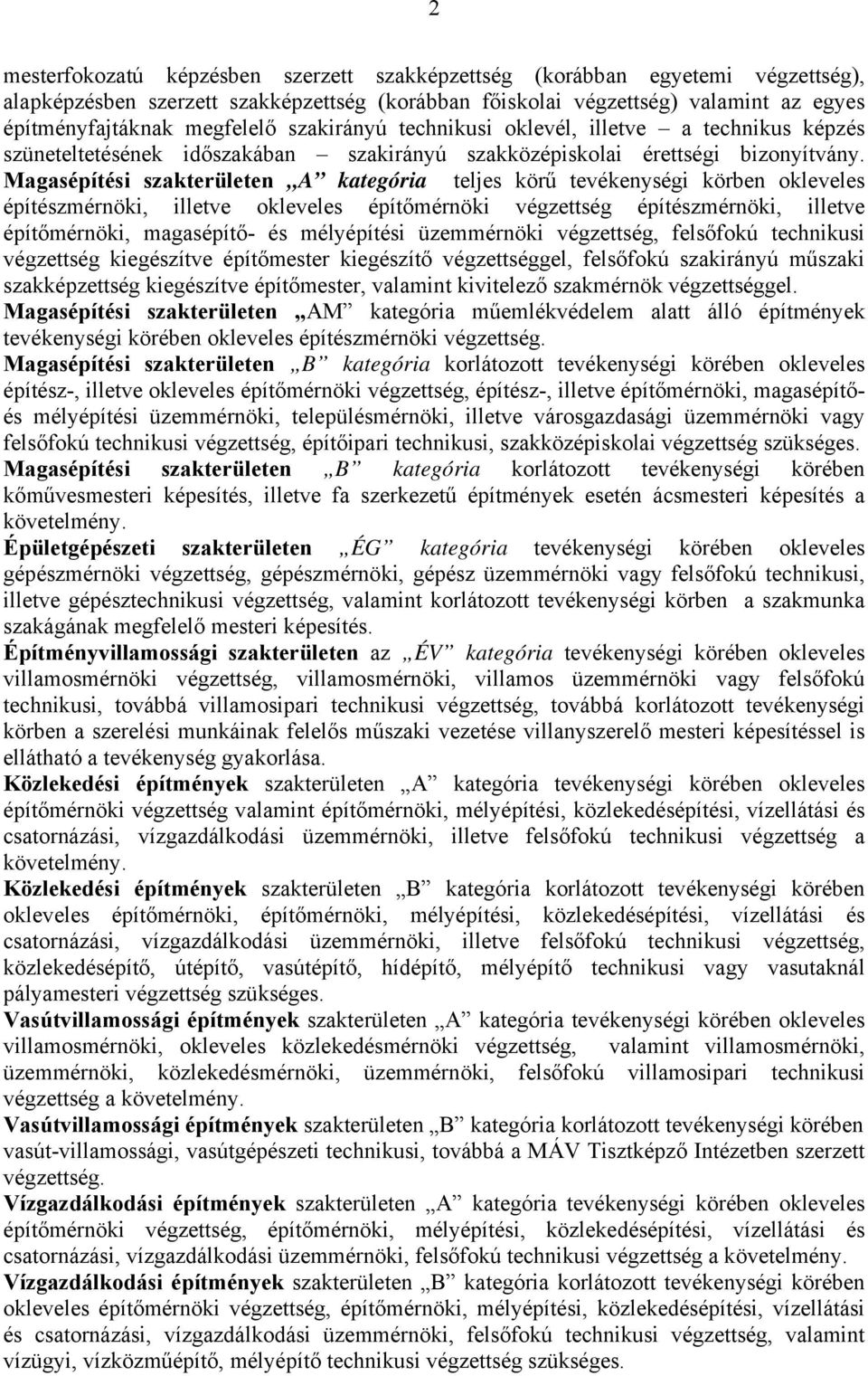 Magasépítési szakterületen A kategória teljes körű tevékenységi körben okleveles építészmérnöki, illetve okleveles építőmérnöki végzettség építészmérnöki, illetve építőmérnöki, magasépítő- és