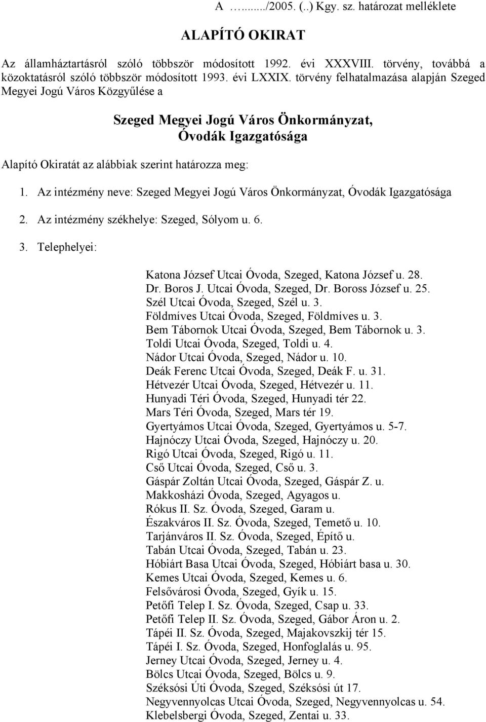 Az intézmény neve: Szeged Megyei Jogú Város Önkormányzat, Óvodák Igazgatósága 2. Az intézmény székhelye: Szeged, Sólyom u. 6. 3. Telephelyei: Katona József Utcai Óvoda, Szeged, Katona József u. 28.