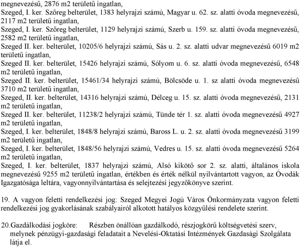 ker. belterület, 15461/34 helyrajzi számú, Bölcsöde u. 1. sz alatti óvoda megnevezésű 3710 Szeged, II. ker. belterület, 14316 helyrajzi számú, Délceg u. 15. sz. alatti óvoda megnevezésű, 2131 Szeged II.