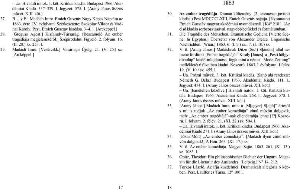 [Greguss Ágost:] Kisfaludy-Társaság. [Beszámoló Az ember tragédiája megjelenéséről.] Szépirodalmi Figyelő. 2. folyam. 16. (II. 20.) sz. 253. l. 29. Madách Imre. [Vezércikk.] Vasárnapi Újság. 21. (V.