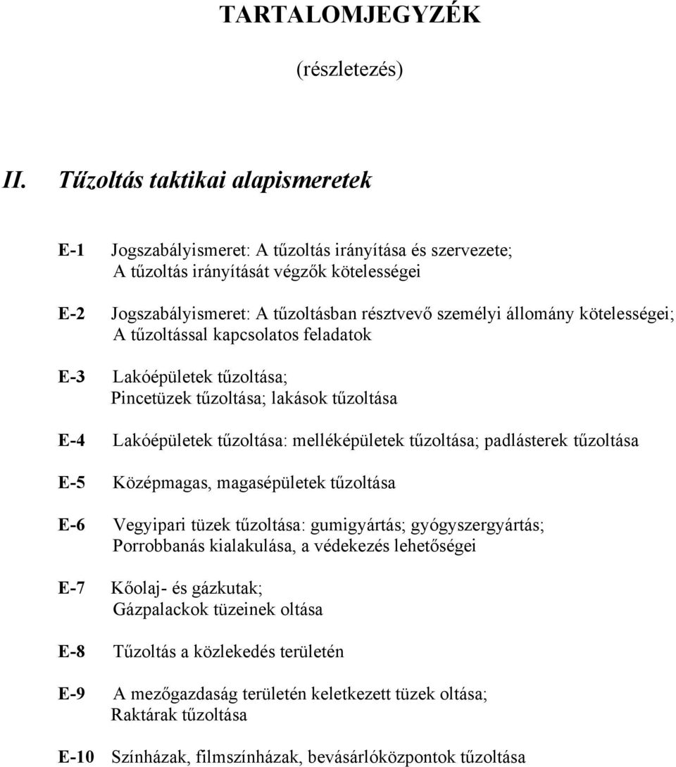 kötelességei; A tűzoltással kapcsolatos feladatok E-3 Lakóépületek tűzoltása; Pincetüzek tűzoltása; lakások tűzoltása E-4 Lakóépületek tűzoltása: melléképületek tűzoltása; padlásterek tűzoltása E-5