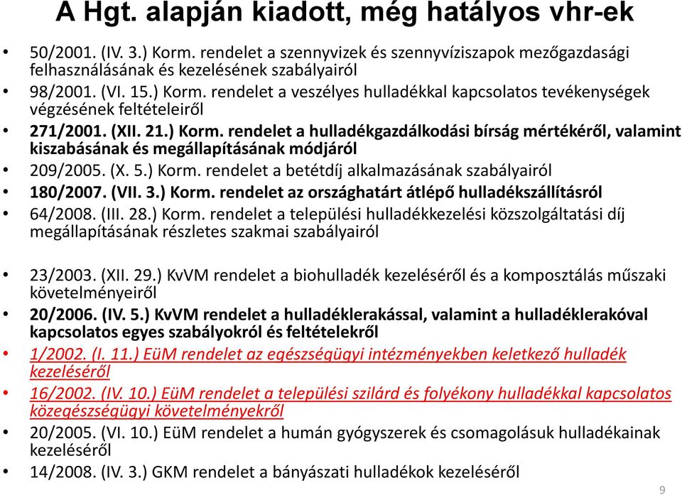 (VII. 3.) Korm. rendelet az országhatárt átlépő hulladékszállításról 64/2008. (III. 28.) Korm. rendelet a települési hulladékkezelési közszolgáltatási díj megállapításának részletes szakmai szabályairól 23/2003.