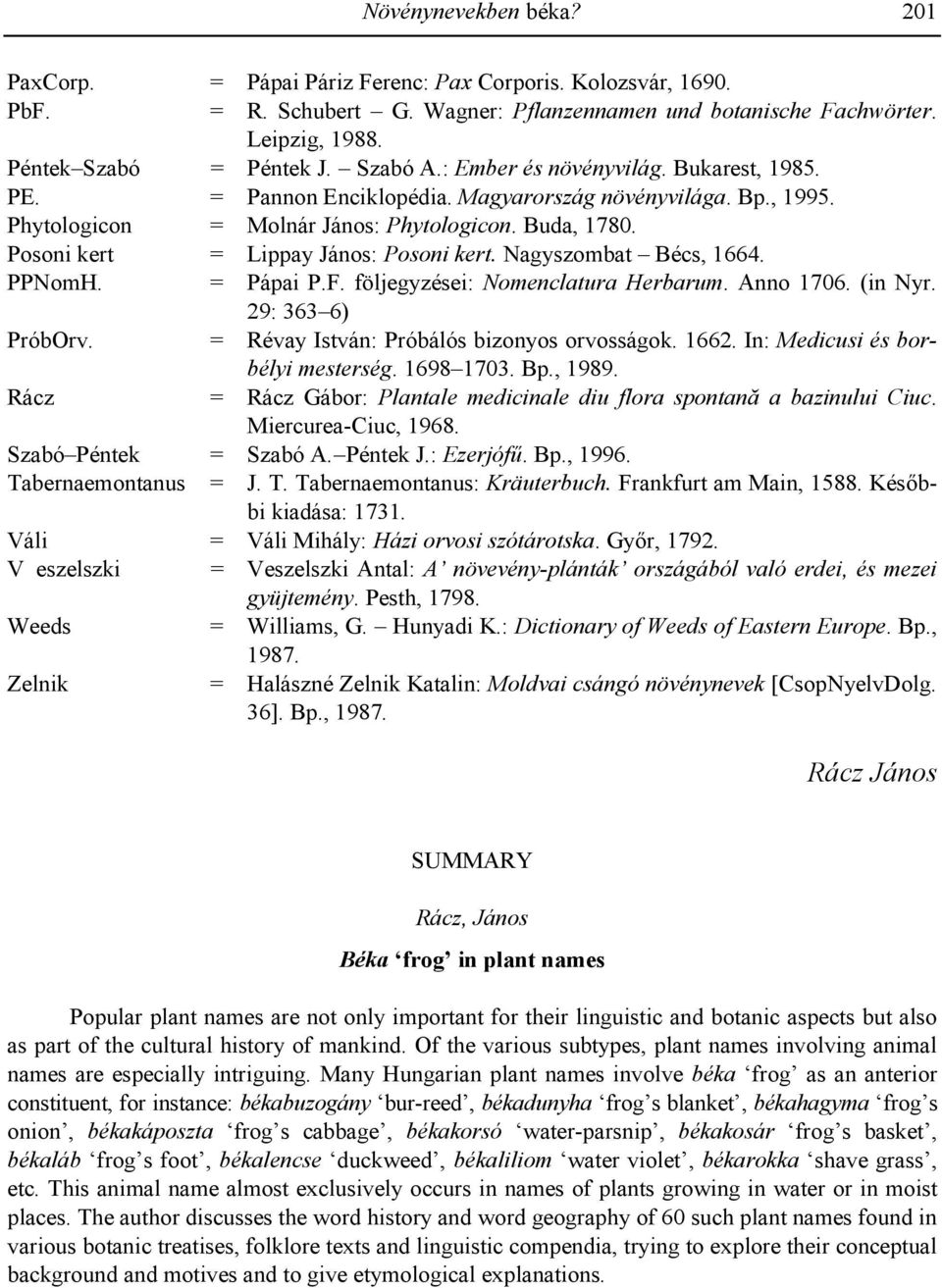 Posoni kert = Lippay János: Posoni kert. Nagyszombat Bécs, 1664. PPNomH. = Pápai P.F. följegyzései: Nomenclatura Herbarum. Anno 1706. (in Nyr. 29: 363 6) PróbOrv.