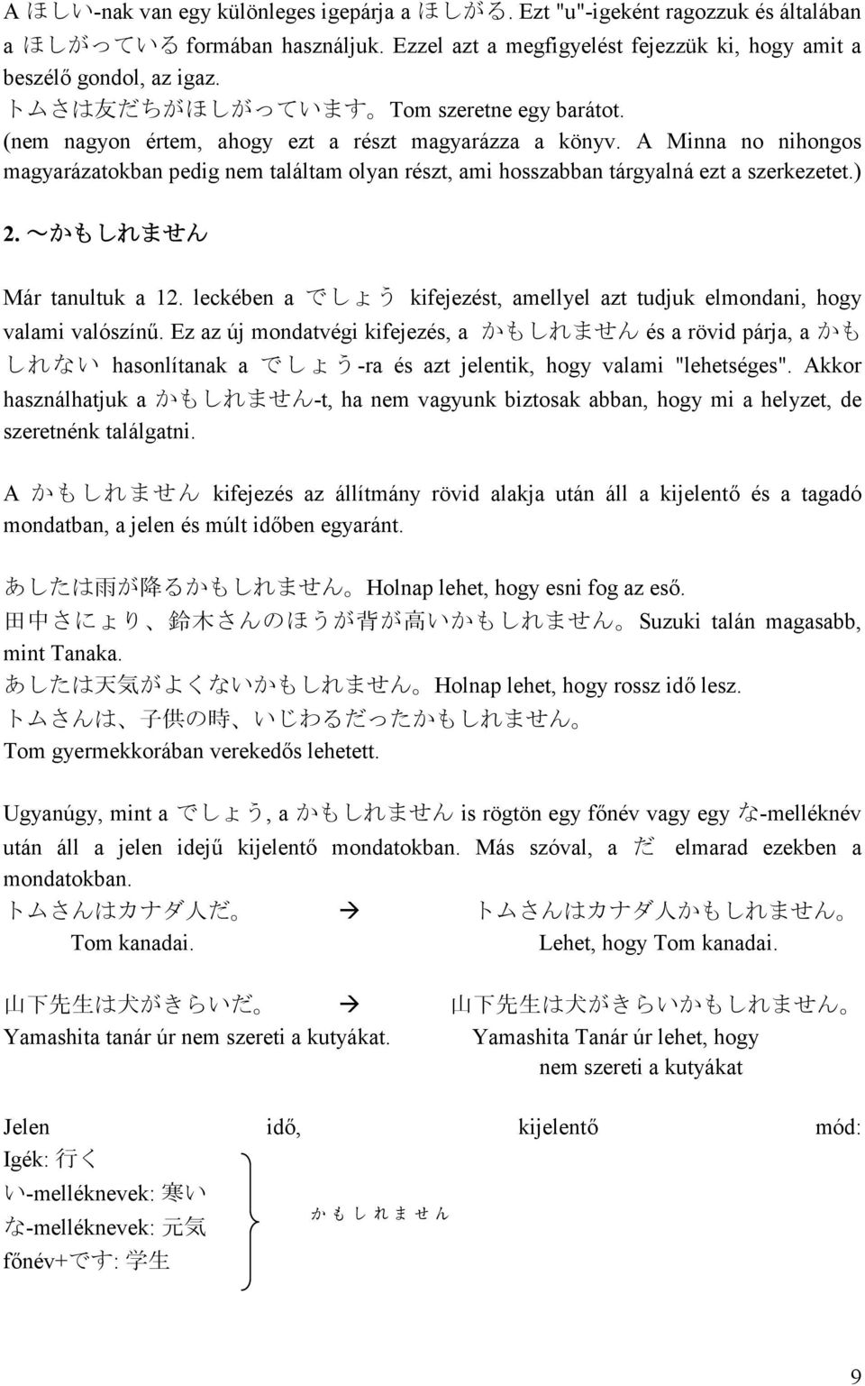 A Minna no nihongos magyarázatokban pedig nem találtam olyan részt, ami hosszabban tárgyalná ezt a szerkezetet.) 2. ~かもしれません Már tanultuk a 12.
