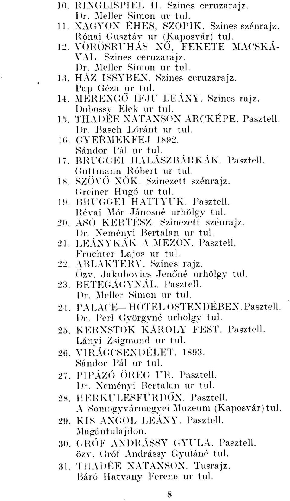 Sándor Pál ur tul. 17. BRUGGEI HALÁSZBÁRKÁK. Pasztell. Guttmann Róbert ur tul. 18. SZÖVŐ NŐK. Szinezett szénrajz. Greiner Hugó ur tul. 19. BRUGGEI HATTYÚK. Pasztell. Révai Mór Jánosné úrhölgy tul. 20.