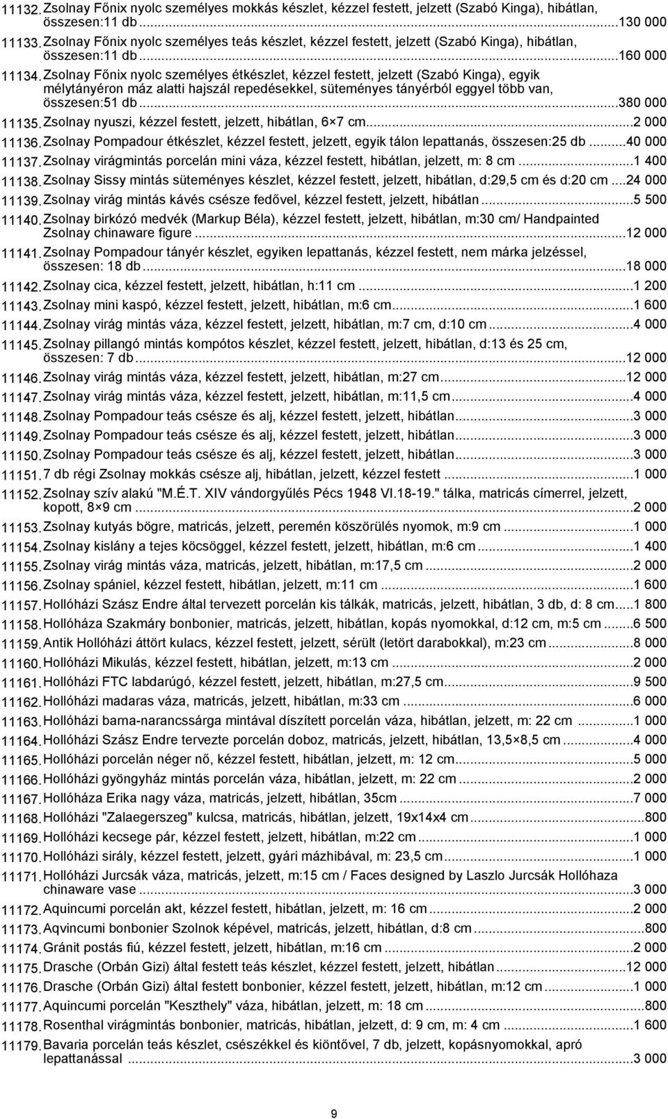 Zsolnay Főnix nyolc személyes étkészlet, kézzel festett, jelzett (Szabó Kinga), egyik mélytányéron máz alatti hajszál repedésekkel, süteményes tányérból eggyel több van, összesen:51 db...380 000 11135.