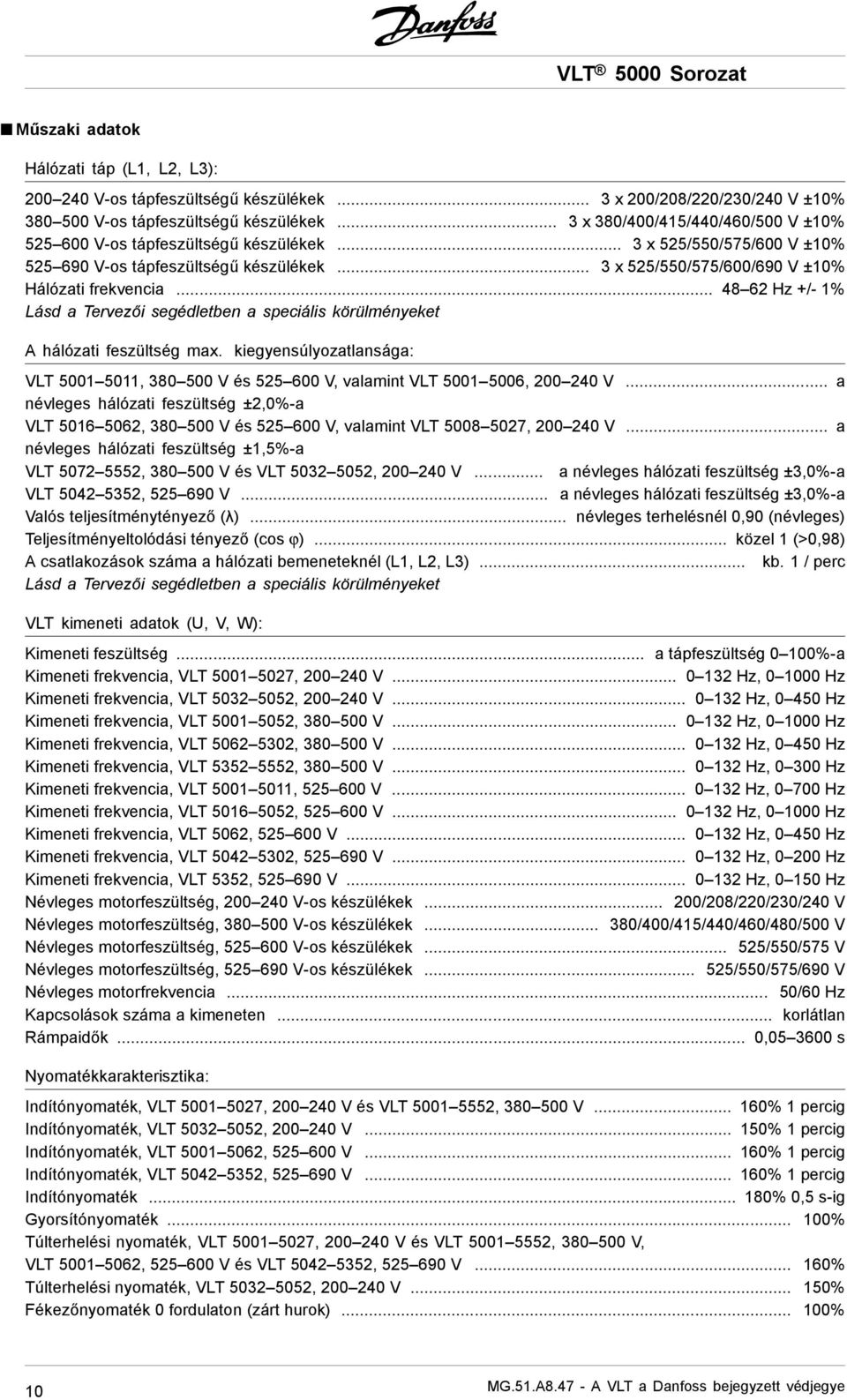 .. 48 62 Hz +/- 1% Lásd a Tervezői segédletben a speciális körülményeket A hálózati feszültség max. kiegyensúlyozatlansága: VLT 5001 5011, 380 500 V és 525 600 V, valamint VLT 5001 5006, 200 240 V.