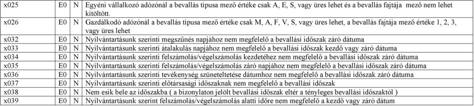 napjához nem megfelelő a bevallási időszak záró dátuma x033 E0 N Nyilvántartásunk szerinti átalakulás napjához nem megfelelő a bevallási időszak kezdő vagy záró dátuma x034 E0 N Nyilvántartásunk