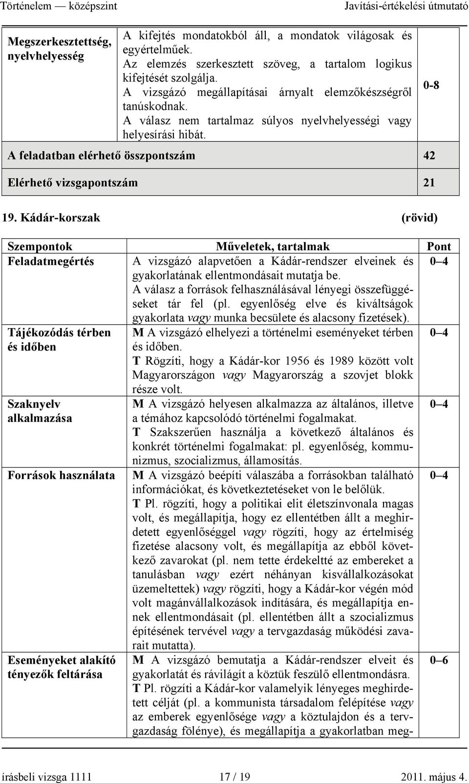 A feladatban elérhető összpontszám 42 Elérhető vizsgapontszám 21 0-8 19.