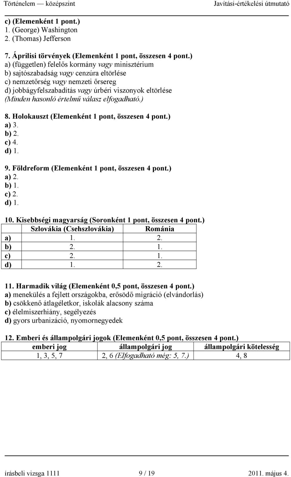 értelmű válasz elfogadható.) 8. Holokauszt (Elemenként 1 pont, összesen 4 pont.) a) 3. b) 2. c) 4. d) 1. 9. Földreform (Elemenként 1 pont, összesen 4 pont.) a) 2. b) 1. c) 2. d) 1. 10.