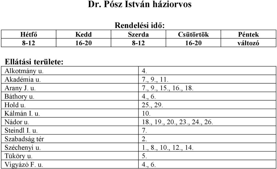 Báthory u. 4., 6. Hold u. 25., 29. Kálmán I. u. 10. Nádor u. 18., 19., 20., 23., 24., 26.