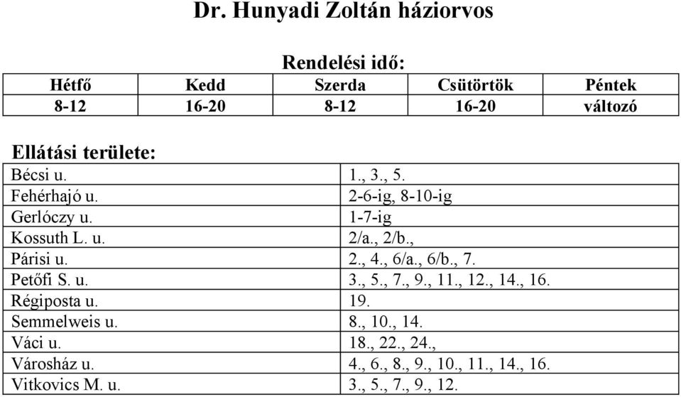 , 6/a., 6/b., 7. Petőfi S. u. 3., 5., 7., 9., 11., 12., 14., 16. Régiposta u. 19. Semmelweis u. 8., 10., 14. Váci u.