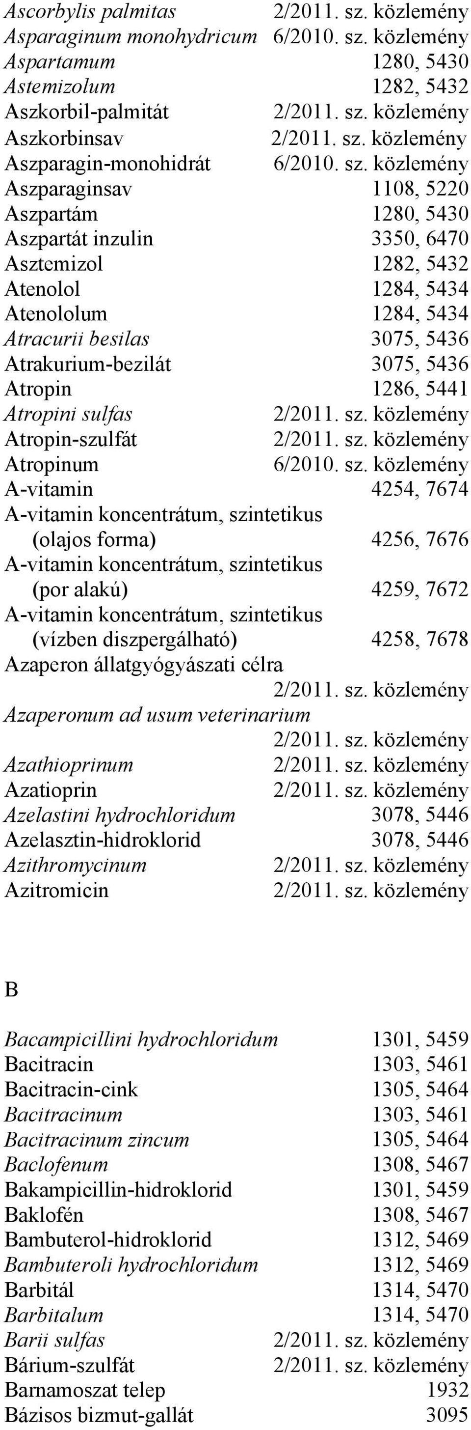 Atropinum A-vitamin 4254, 7674 A-vitamin koncentrátum, szintetikus (olajos forma) 4256, 7676 A-vitamin koncentrátum, szintetikus (por alakú) 4259, 7672 A-vitamin koncentrátum, szintetikus (vízben