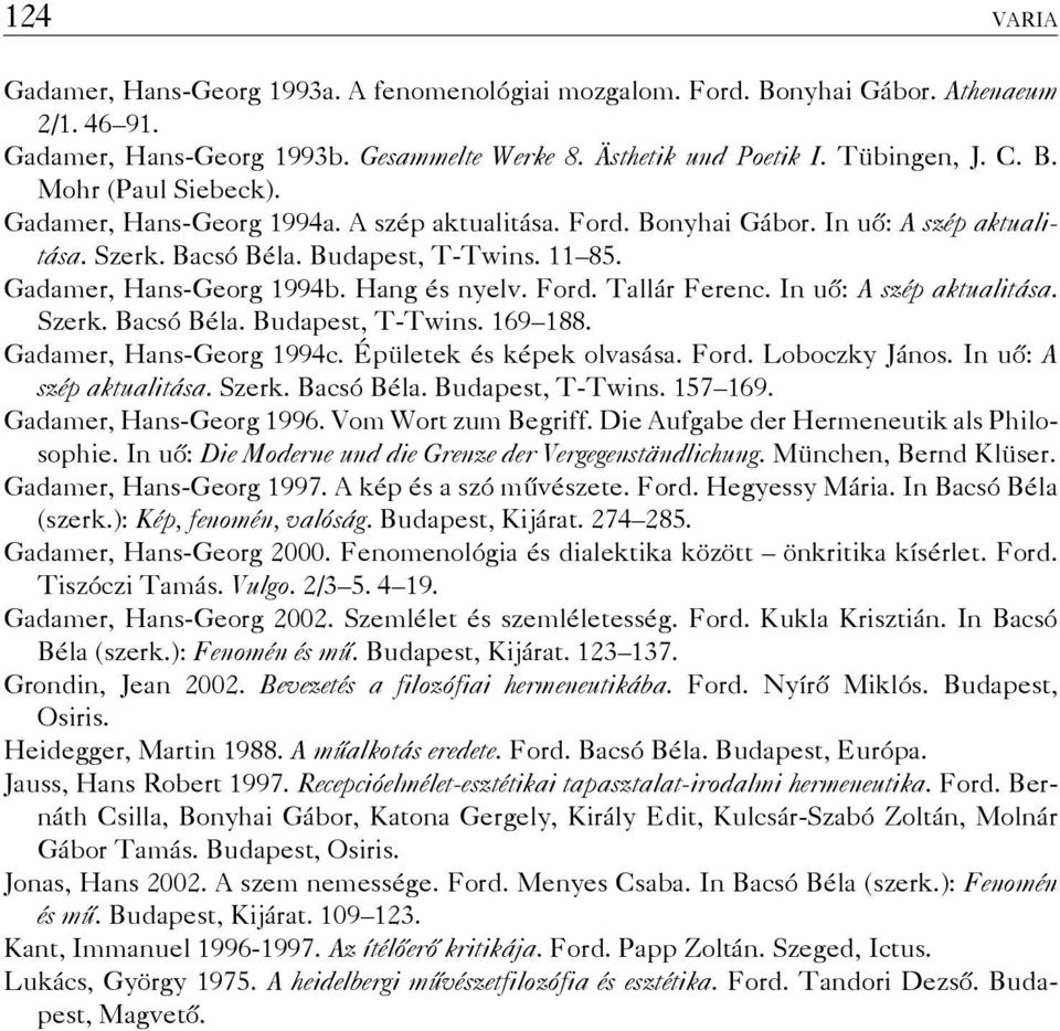 In uő: A szép aktualitása. Szerk. Bacsó Béla. Budapest, T-Twins. 169 188. Gadamer, Hans-Georg 1994c. Épületek és képek olvasása. Ford. Loboczky János. In uő: A szép aktualitása. Szerk. Bacsó Béla. Budapest, T-Twins. 157 169.