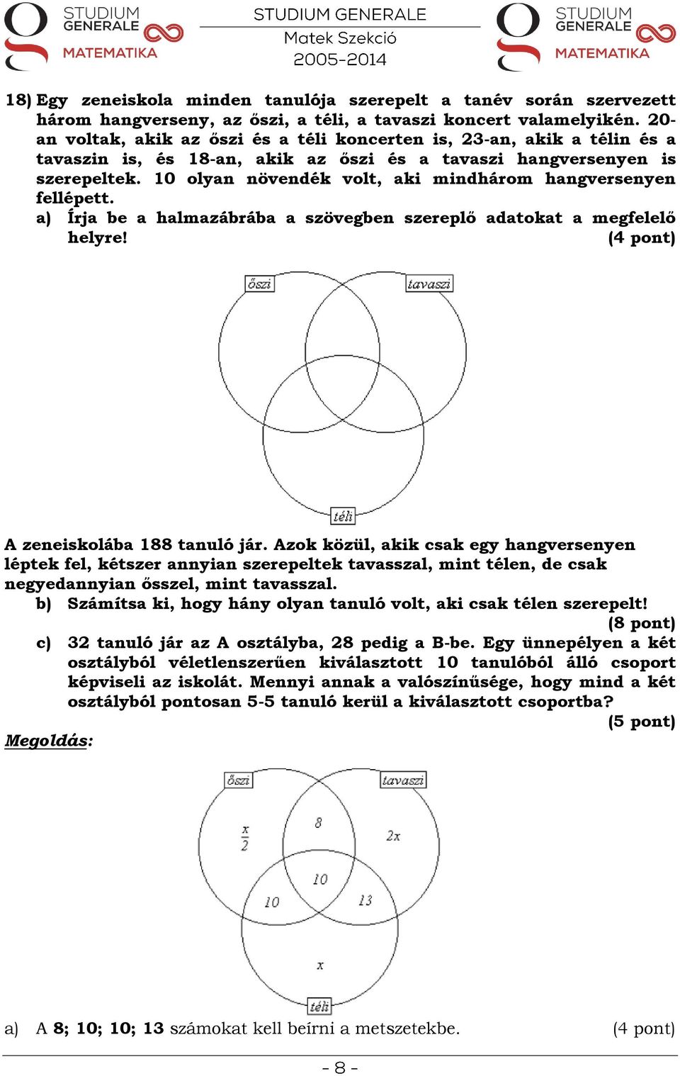 0 olyan növendék volt, aki mindhárom hangversenyen fellépett. Írja be a halmazábrába a szövegben szereplő adatokat a megfelelő helyre! (4 pont) A zeneiskolába 88 tanuló jár.