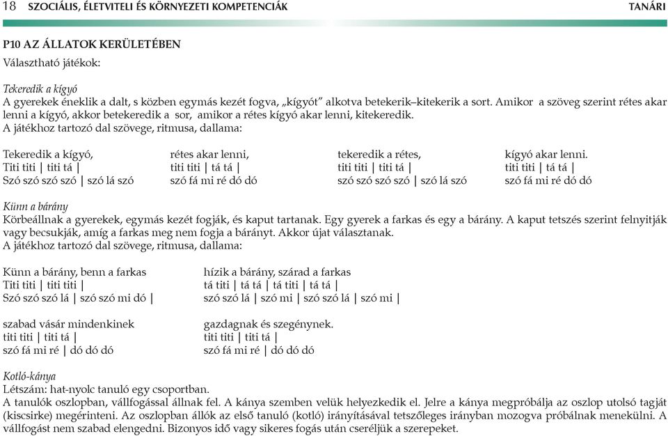 A játékhoz tartozó dal szövege, ritmusa, dallama: Tekeredik a kígyó, rétes akar lenni, tekeredik a rétes, kígyó akar lenni.