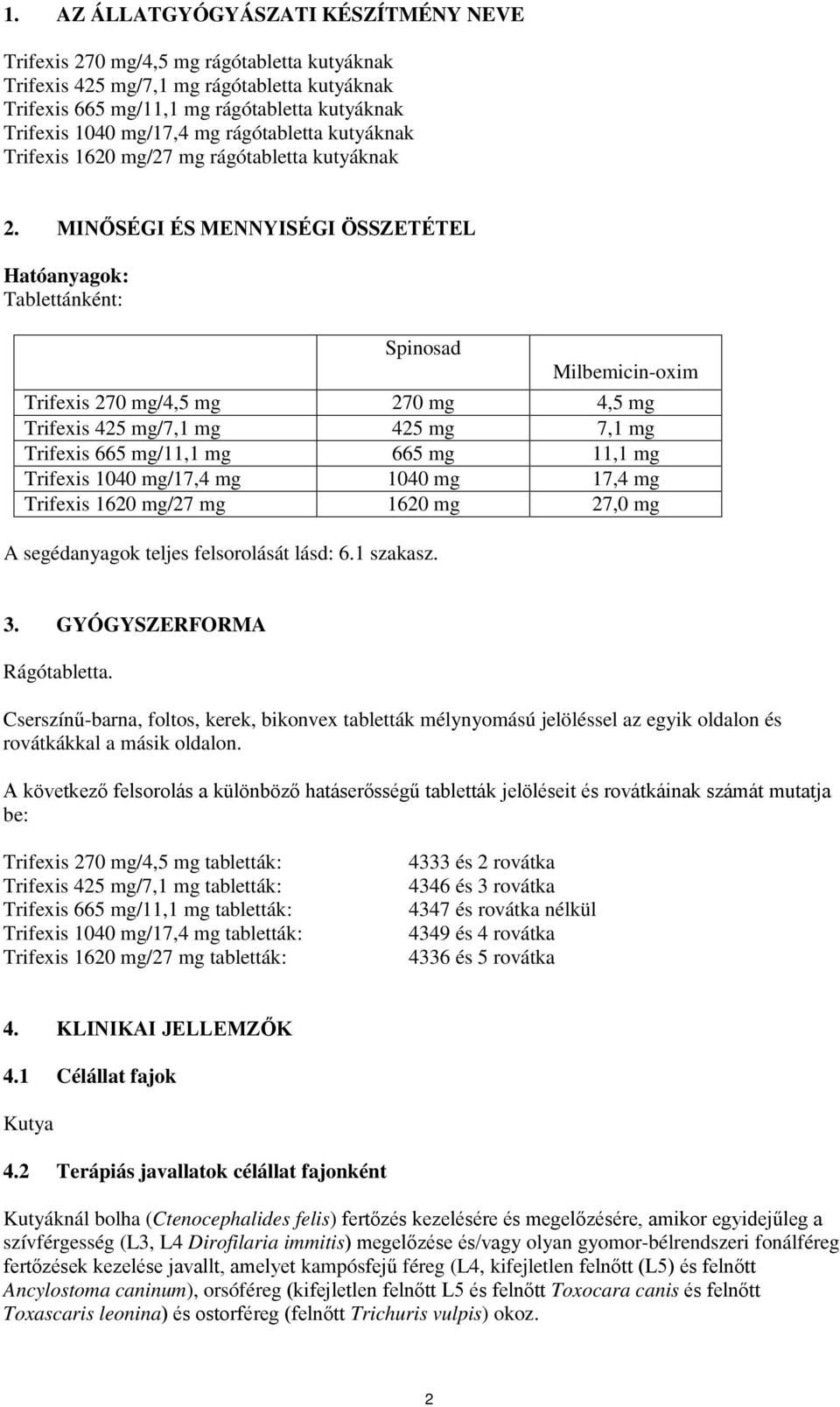 MINŐSÉGI ÉS MENNYISÉGI ÖSSZETÉTEL Hatóanyagok: Tablettánként: Spinosad Milbemicin-oxim Trifexis 270 mg/4,5 mg 270 mg 4,5 mg Trifexis 425 mg/7,1 mg 425 mg 7,1 mg Trifexis 665 mg/11,1 mg 665 mg 11,1 mg