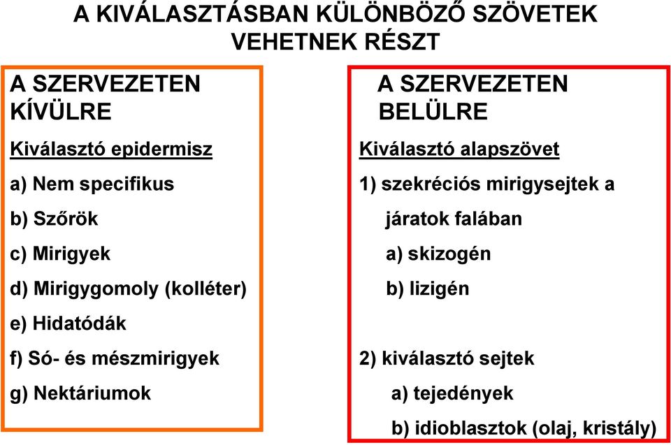 Szőrök járatok falában c) Mirigyek a) skizogén d) Mirigygomoly (kolléter) b) lizigén e) Hidatódák