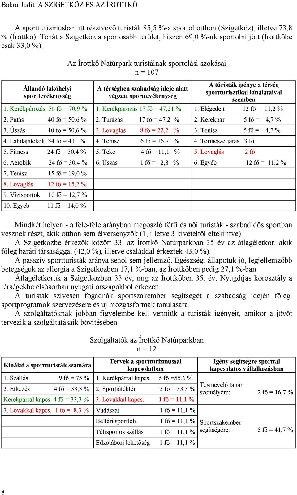 Állandó lakóhelyi sporttevékenység Az Írottkő Natúrpark turistáinak sportolási szokásai n = 107 A térségben szabadság ideje alatt végzett sporttevékenység A túristák igénye a térség sportturisztikai