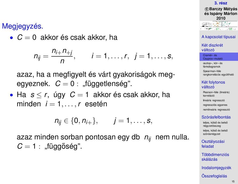 C = 0 : függetlenség. Ha s r, úgy C = 1 akkor és csak akkor, ha minden i = 1,.