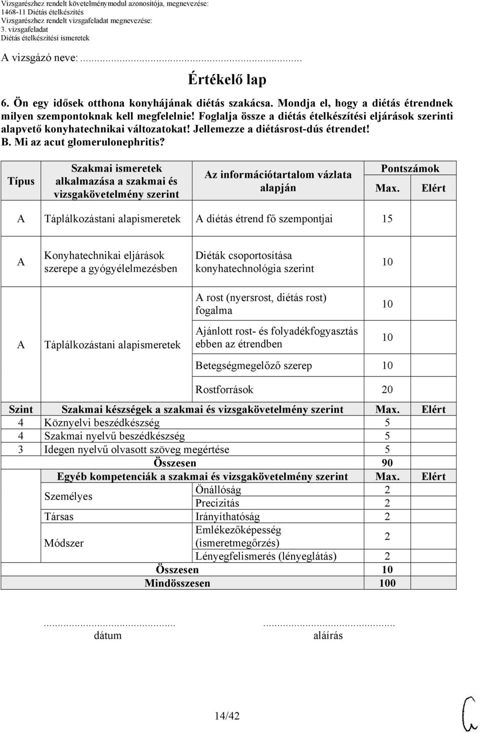 Típus Szakmai ismeretek alkalmazása a szakmai és vizsgakövetelmény szerint z információtartalom vázlata alapján Pontszámok Max.